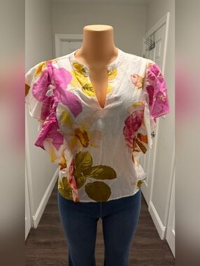 NWT MARC NY White Floral Flutter Sleeve Blouse w/ Pink & Yellow Blooms SIZE PXL